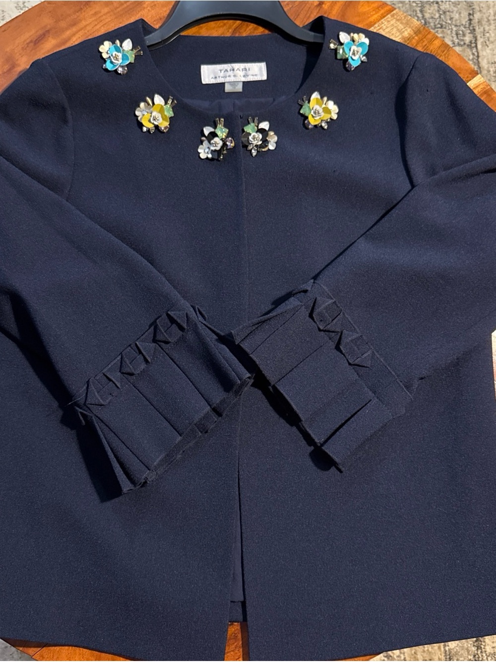 Tahari Navy Embellished Open-Front Jacket with Pleated Cuffs